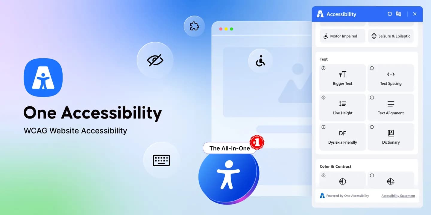 One Accessibility WordPress plugin interface showing the accessibility widget panel with contrast, text size, and keyboard navigation controls