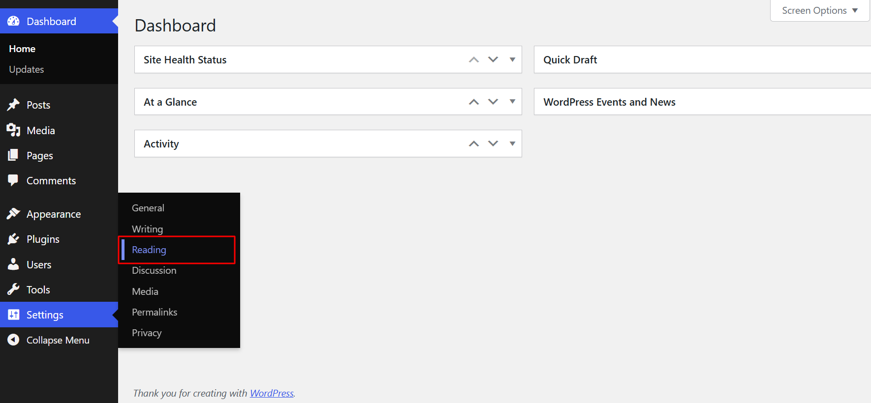 Step 4.3.2: Settings → Reading illustration 1