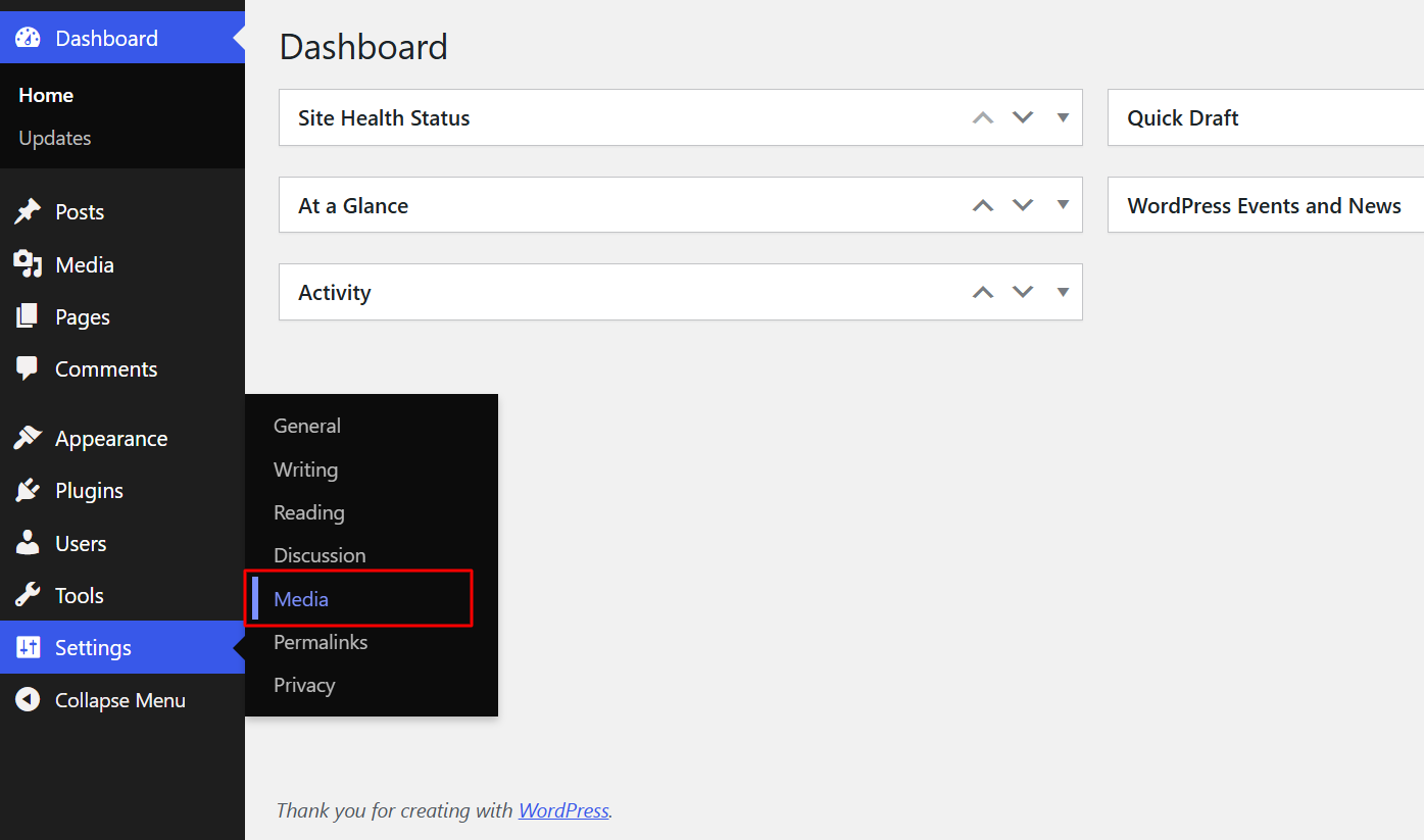 Step 4.3.5: Settings → Media illustration 1