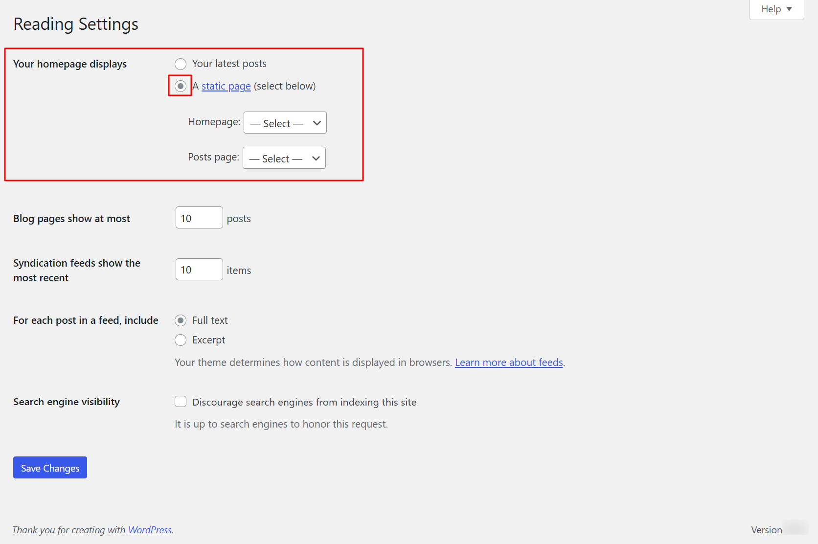 Step 4.3.2: Settings → Reading illustration 2