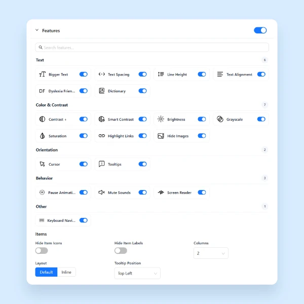Complete list of accessibility features available in One Accessibility