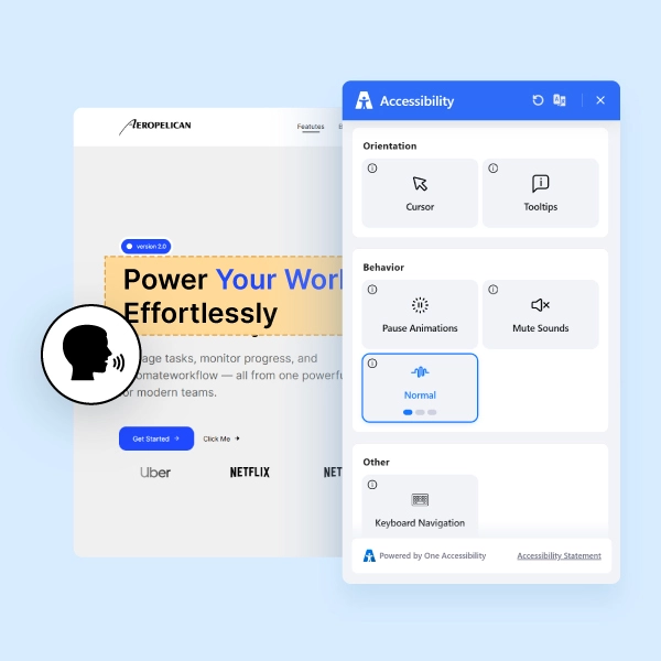 Aeropelican site with accessibility menu and text-to-speech emphasis