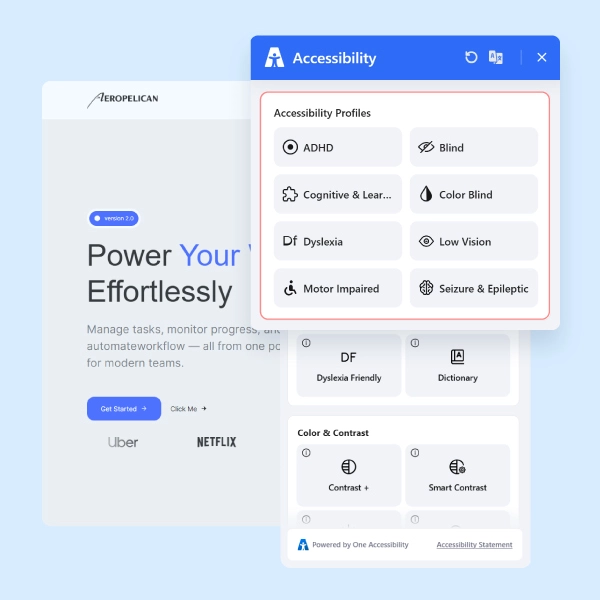 Website preview with the One Accessibility floating menu and accessibility profiles