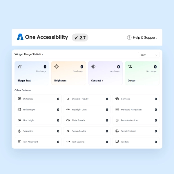 One Accessibility dashboard with presets, profiles, saved preferences, and quick actions